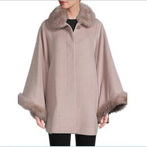 SOFIA CASHMERE Shearling Trim Wool Blend Cape Coat